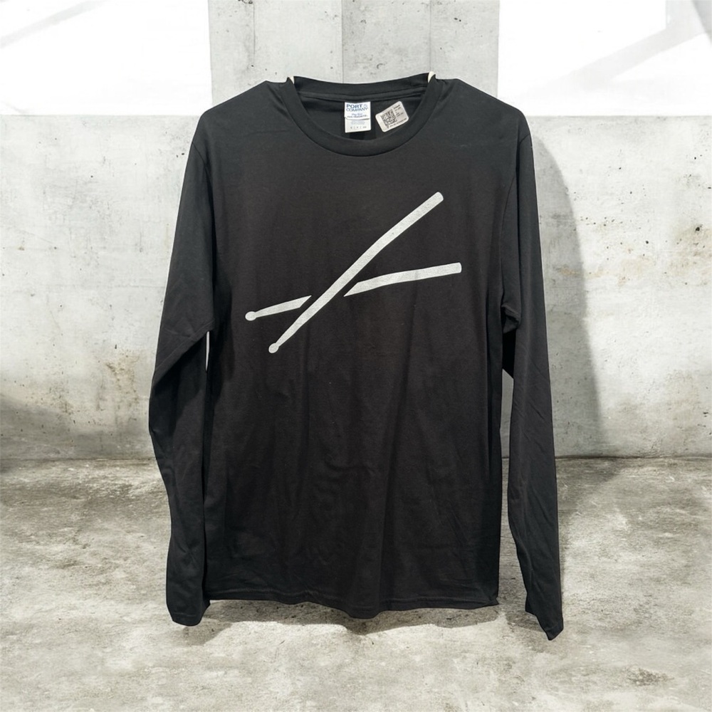 Port & Company Black Long Sleeve Tee with White drumsticks Design